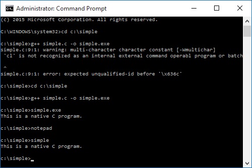 Compiling C program from command prompt (vs2015 developer command prompt) error-untitled-jpg