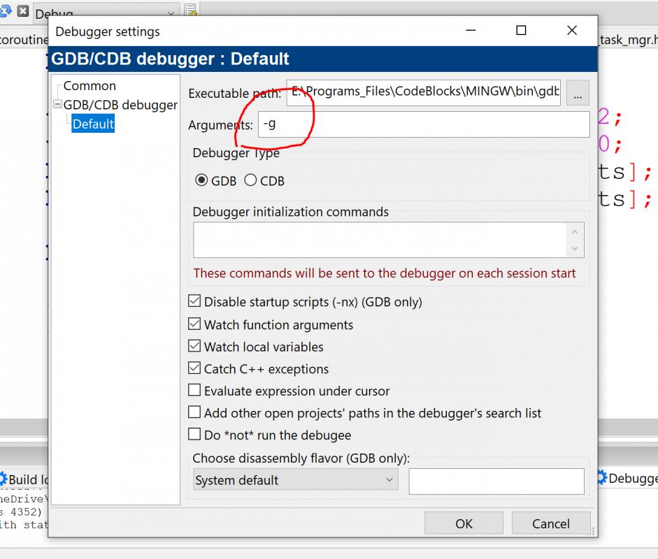 How to debug every instruction of the code ?-codeblocks_gdb_check_option1-jpg